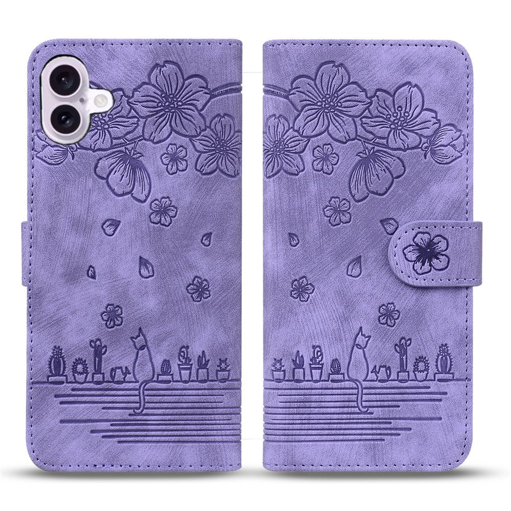 For-iPhone-17-Case-Cherry-Blossom-Cat-Imprinted-Leather-Phone-Cover-with-Wrist-Strap-Purple