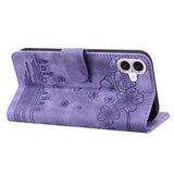 For-iPhone-17-Case-Cherry-Blossom-Cat-Imprinted-Leather-Phone-Cover-with-Wrist-Strap-Purple