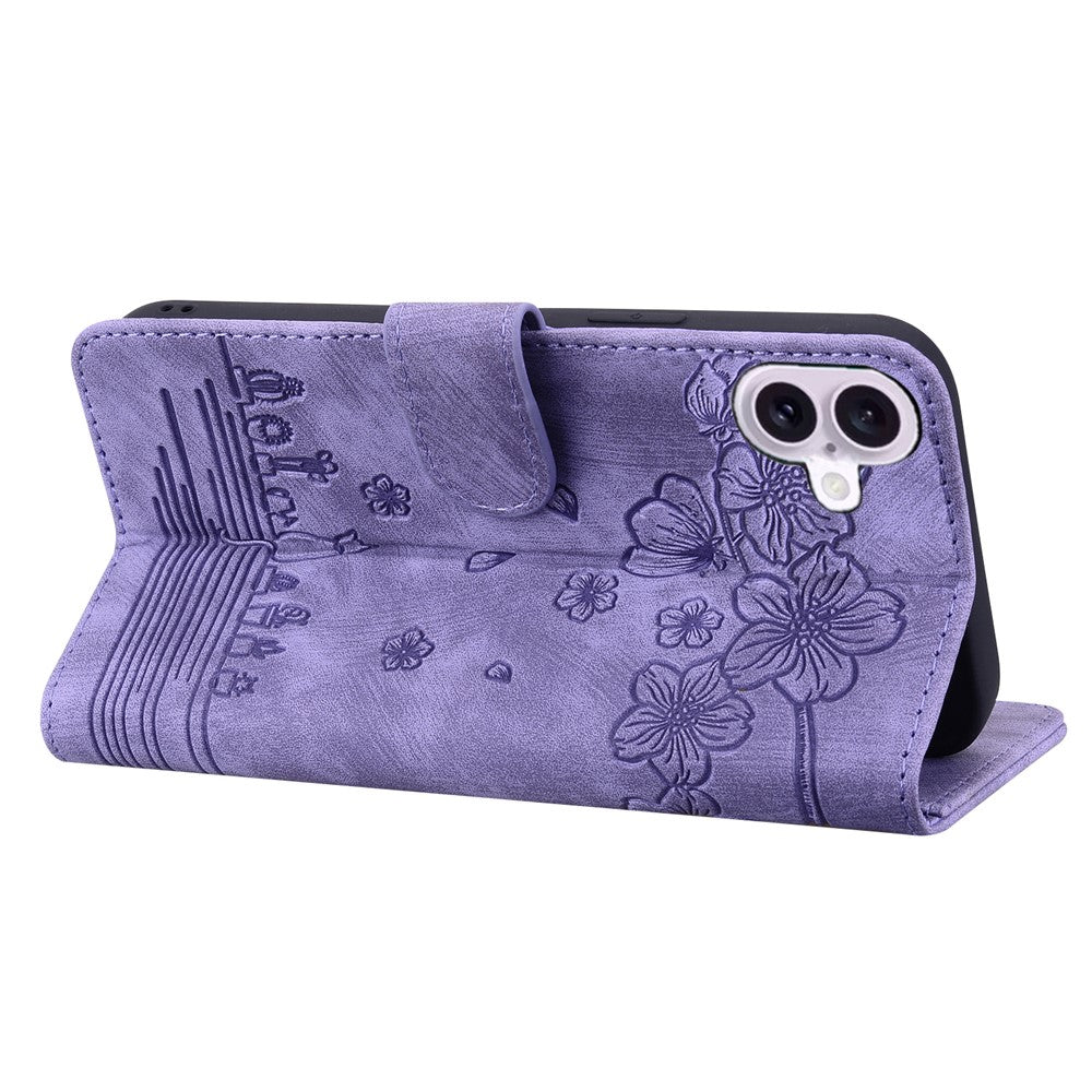 For-iPhone-17-Case-Cherry-Blossom-Cat-Imprinted-Leather-Phone-Cover-with-Wrist-Strap-Purple