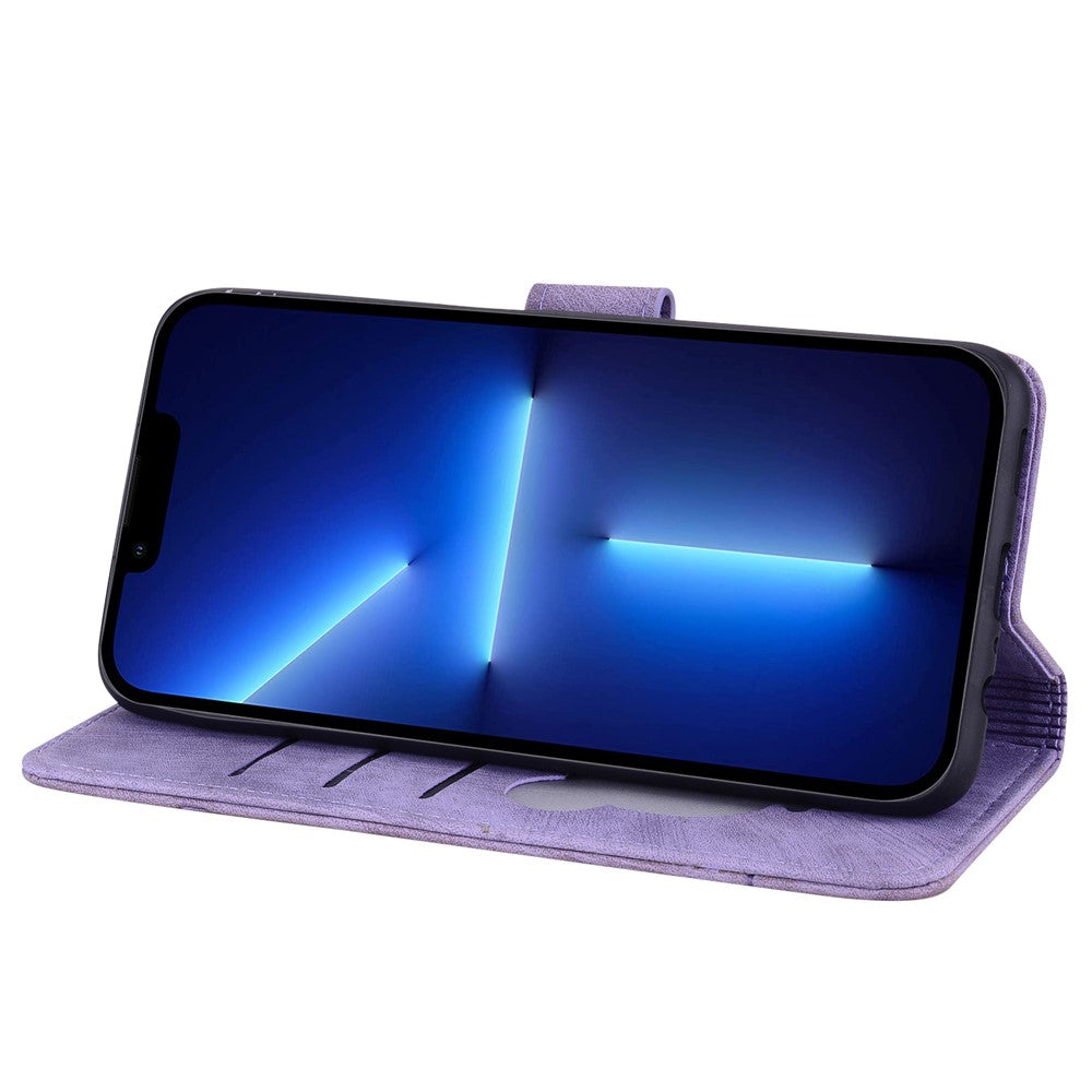 For-iPhone-17-Case-Cherry-Blossom-Cat-Imprinted-Leather-Phone-Cover-with-Wrist-Strap-Purple