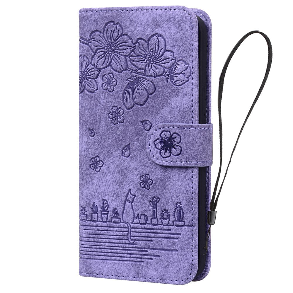 For-iPhone-17-Case-Cherry-Blossom-Cat-Imprinted-Leather-Phone-Cover-with-Wrist-Strap-Purple