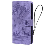 For-iPhone-17-Case-Cherry-Blossom-Cat-Imprinted-Leather-Phone-Cover-with-Wrist-Strap-Purple