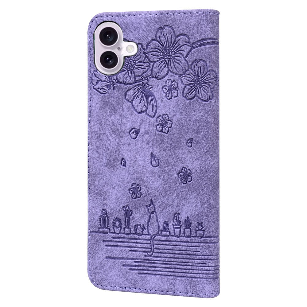 For-iPhone-17-Case-Cherry-Blossom-Cat-Imprinted-Leather-Phone-Cover-with-Wrist-Strap-Purple