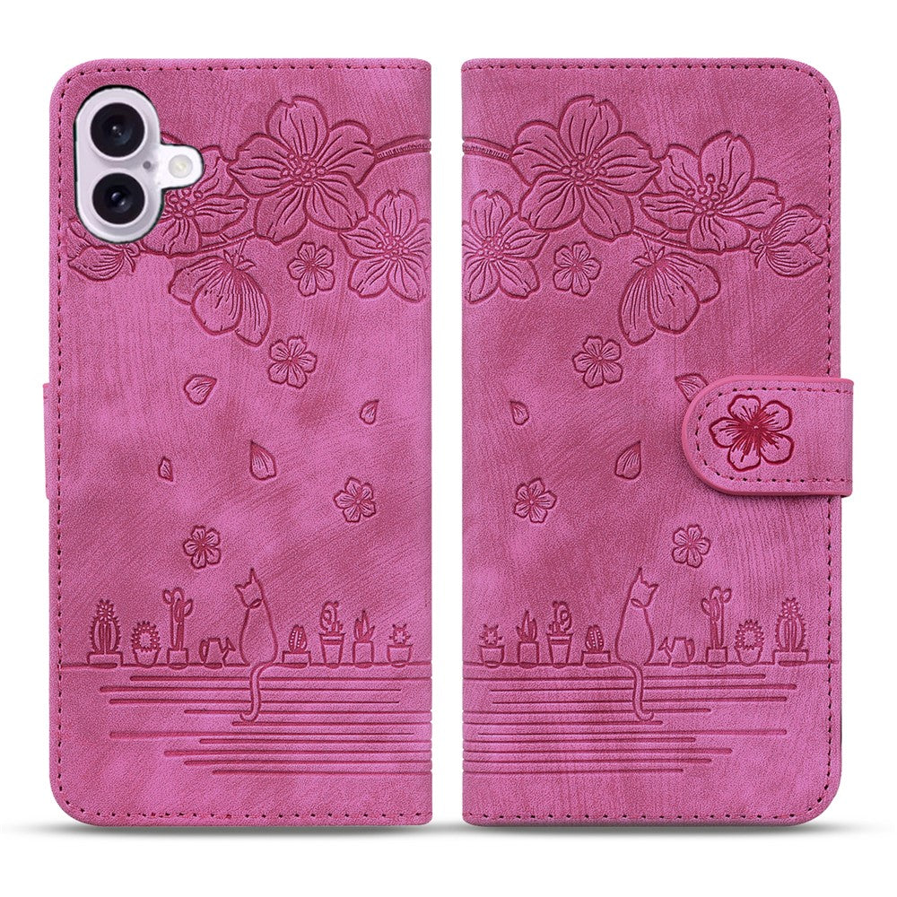For-iPhone-17-Case-Cherry-Blossom-Cat-Imprinted-Leather-Phone-Cover-with-Wrist-Strap-Rose