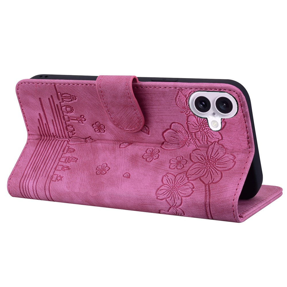 For-iPhone-17-Case-Cherry-Blossom-Cat-Imprinted-Leather-Phone-Cover-with-Wrist-Strap-Rose