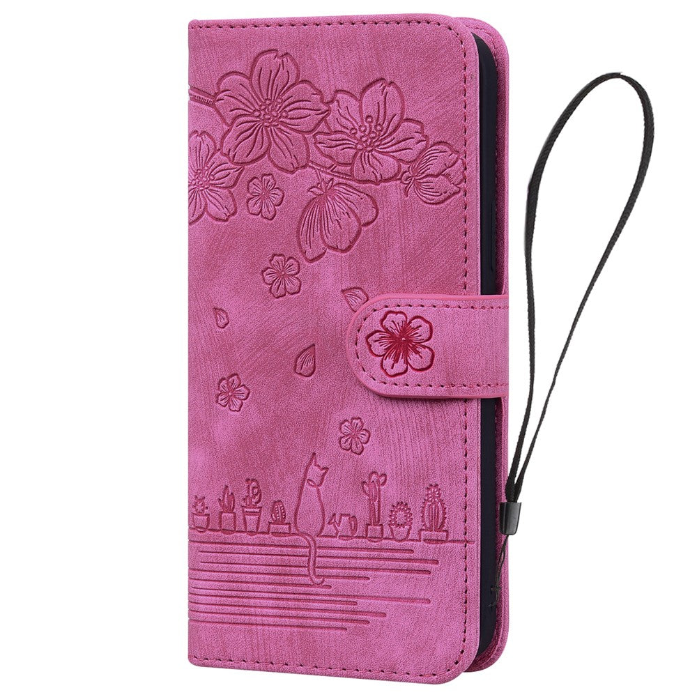 For-iPhone-17-Case-Cherry-Blossom-Cat-Imprinted-Leather-Phone-Cover-with-Wrist-Strap-Rose