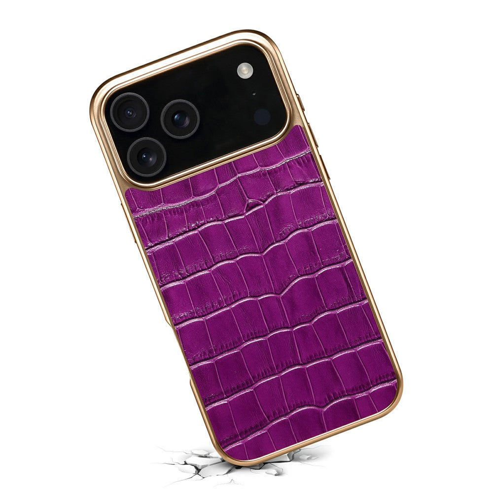 DENIOR-For-iPhone-17-Pro-Max-Case-Genuine-Cow-Leather-Crocodile-Texture-Electroplating-Phone-Cover-Purple