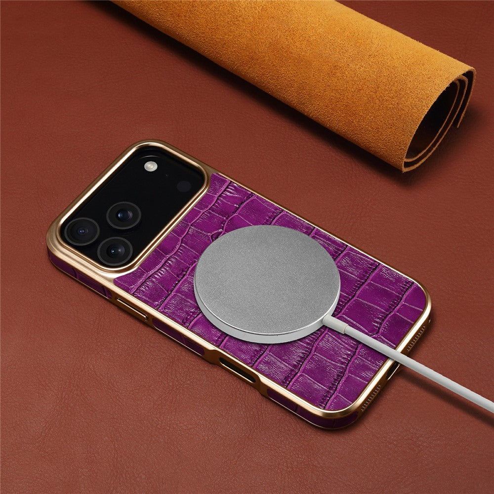 DENIOR-For-iPhone-17-Pro-Max-Case-Genuine-Cow-Leather-Crocodile-Texture-Electroplating-Phone-Cover-Purple
