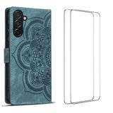 For-Samsung-Galaxy-S25-FE-Case-with-2Pcs-Tempered-Glass-WANLONFENG-MTL-Series-Mandala-Leather-Phone-Cover-Blue