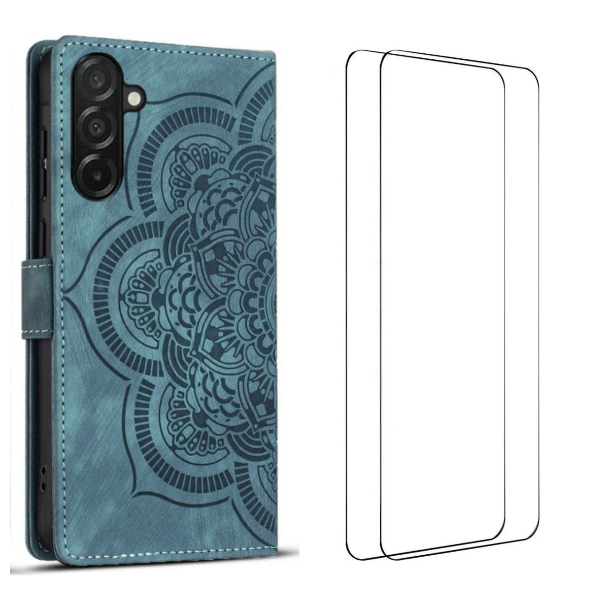 For-Samsung-Galaxy-S25-FE-Case-with-2Pcs-Tempered-Glass-WANLONFENG-MTL-Series-Mandala-Leather-Phone-Cover-Blue