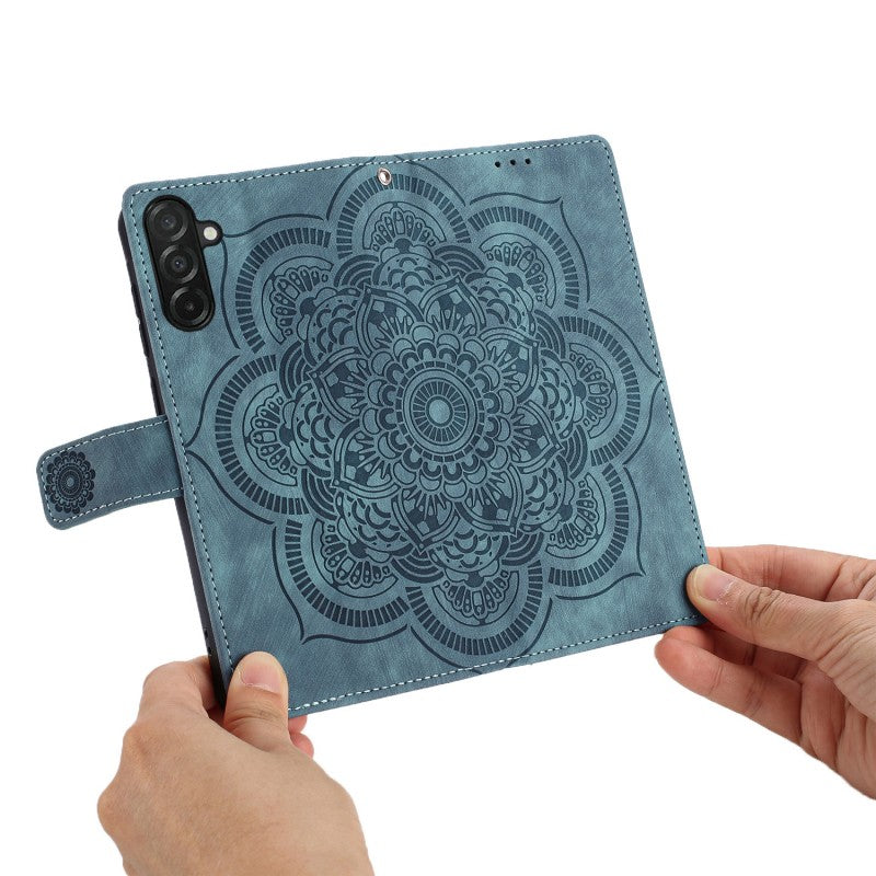 For-Samsung-Galaxy-S25-FE-Case-with-2Pcs-Tempered-Glass-WANLONFENG-MTL-Series-Mandala-Leather-Phone-Cover-Blue
