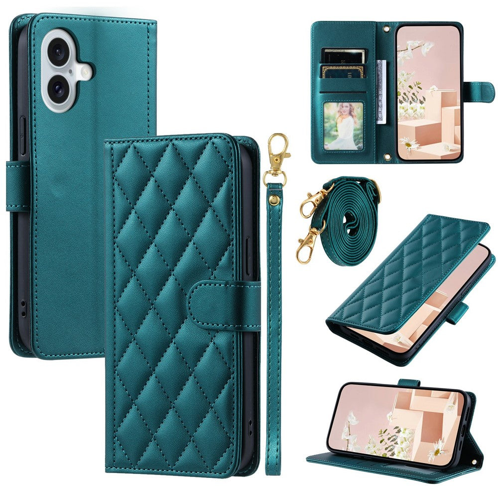 For-iPhone-17-Case-Wallet-Rhombus-Grid-PU-Leather-Phone-Cover-with-Shoulder-Strap-/-Wrist-Strap-Green