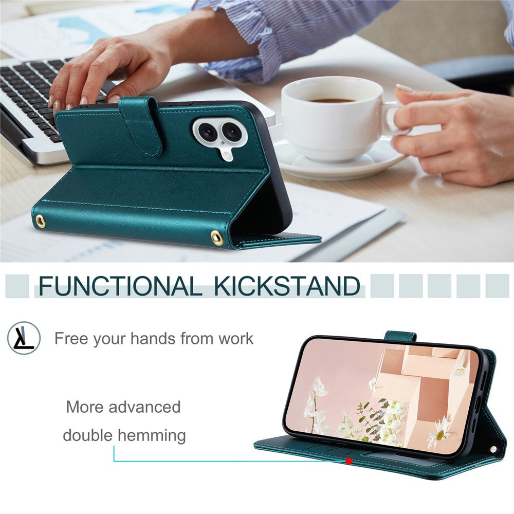 For-iPhone-17-Case-Wallet-Rhombus-Grid-PU-Leather-Phone-Cover-with-Shoulder-Strap-/-Wrist-Strap-Green