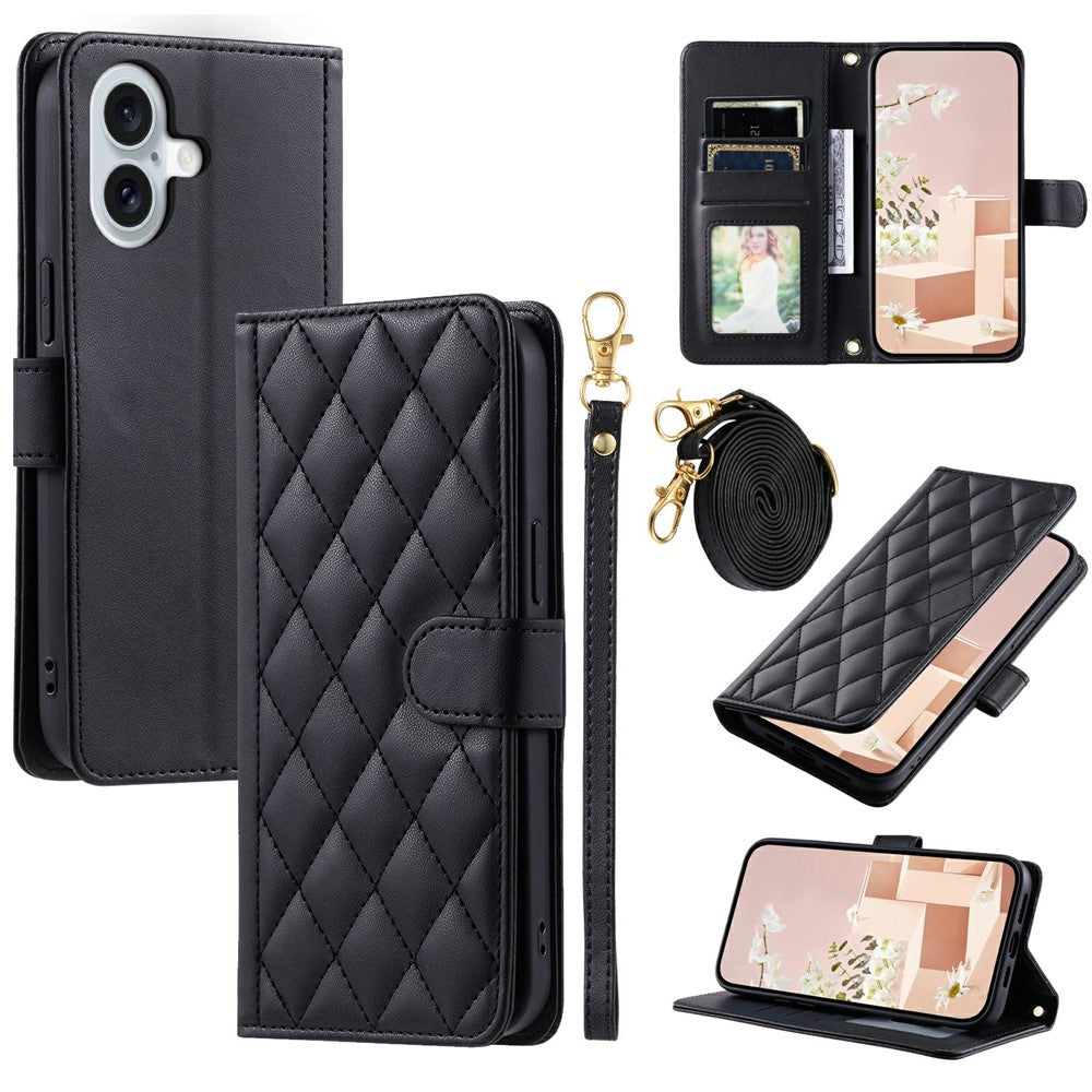 For-iPhone-17-Case-Wallet-Rhombus-Grid-PU-Leather-Phone-Cover-with-Shoulder-Strap-/-Wrist-Strap-Black
