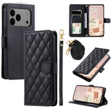 For-iPhone-17-Pro-Max-Case-Wallet-Rhombus-Grid-PU-Leather-Phone-Cover-with-Shoulder-Strap-/-Wrist-Strap-Black