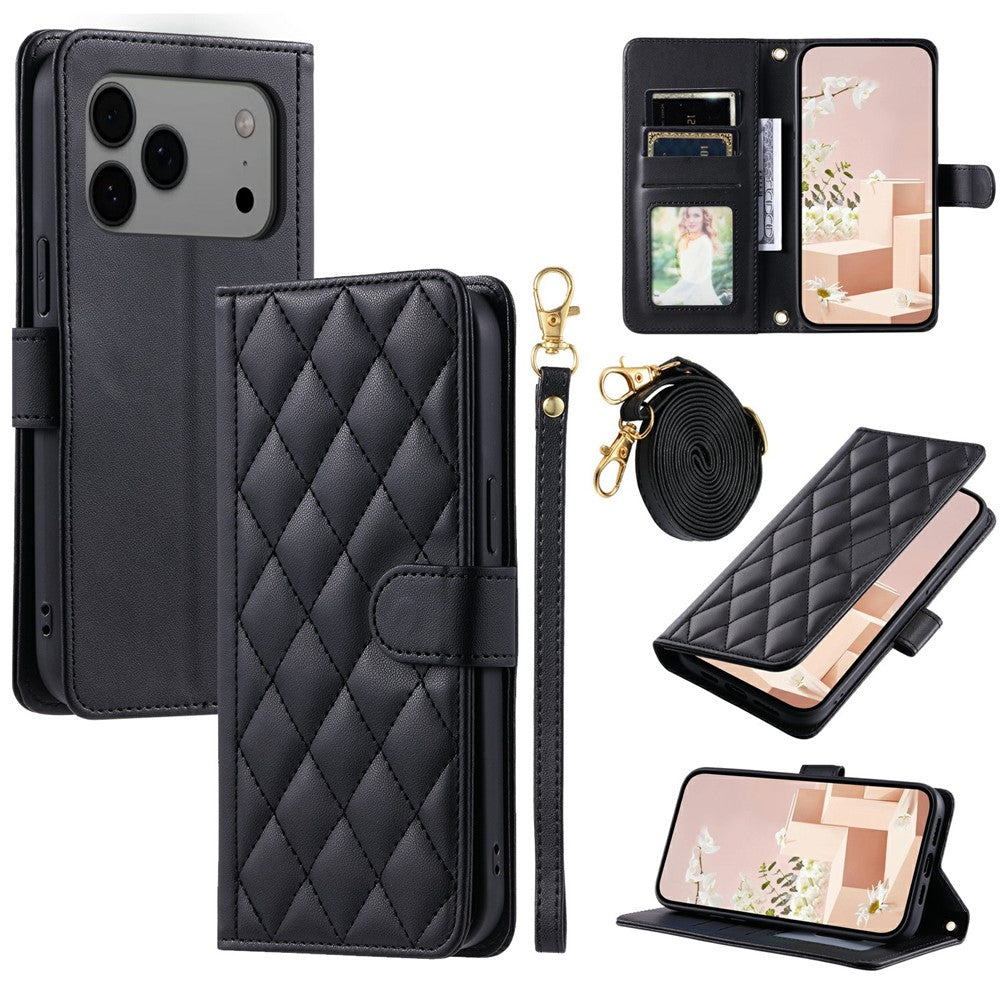 For-iPhone-17-Pro-Max-Case-Wallet-Rhombus-Grid-PU-Leather-Phone-Cover-with-Shoulder-Strap-/-Wrist-Strap-Black