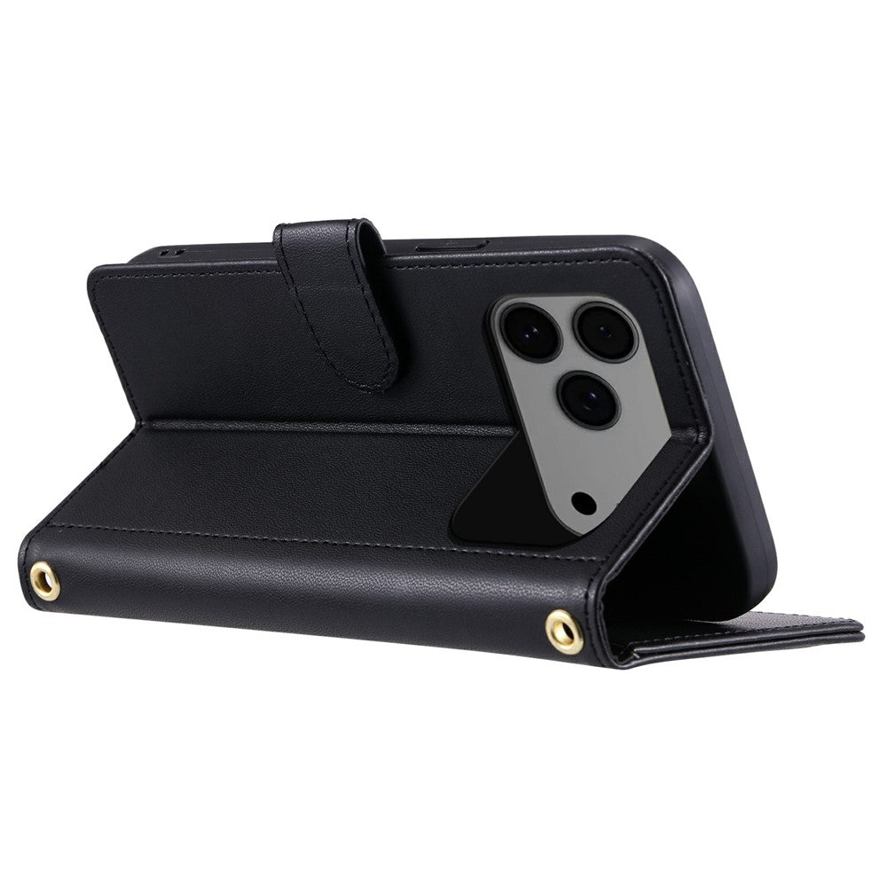 For-iPhone-17-Pro-Max-Case-Wallet-Rhombus-Grid-PU-Leather-Phone-Cover-with-Shoulder-Strap-/-Wrist-Strap-Black