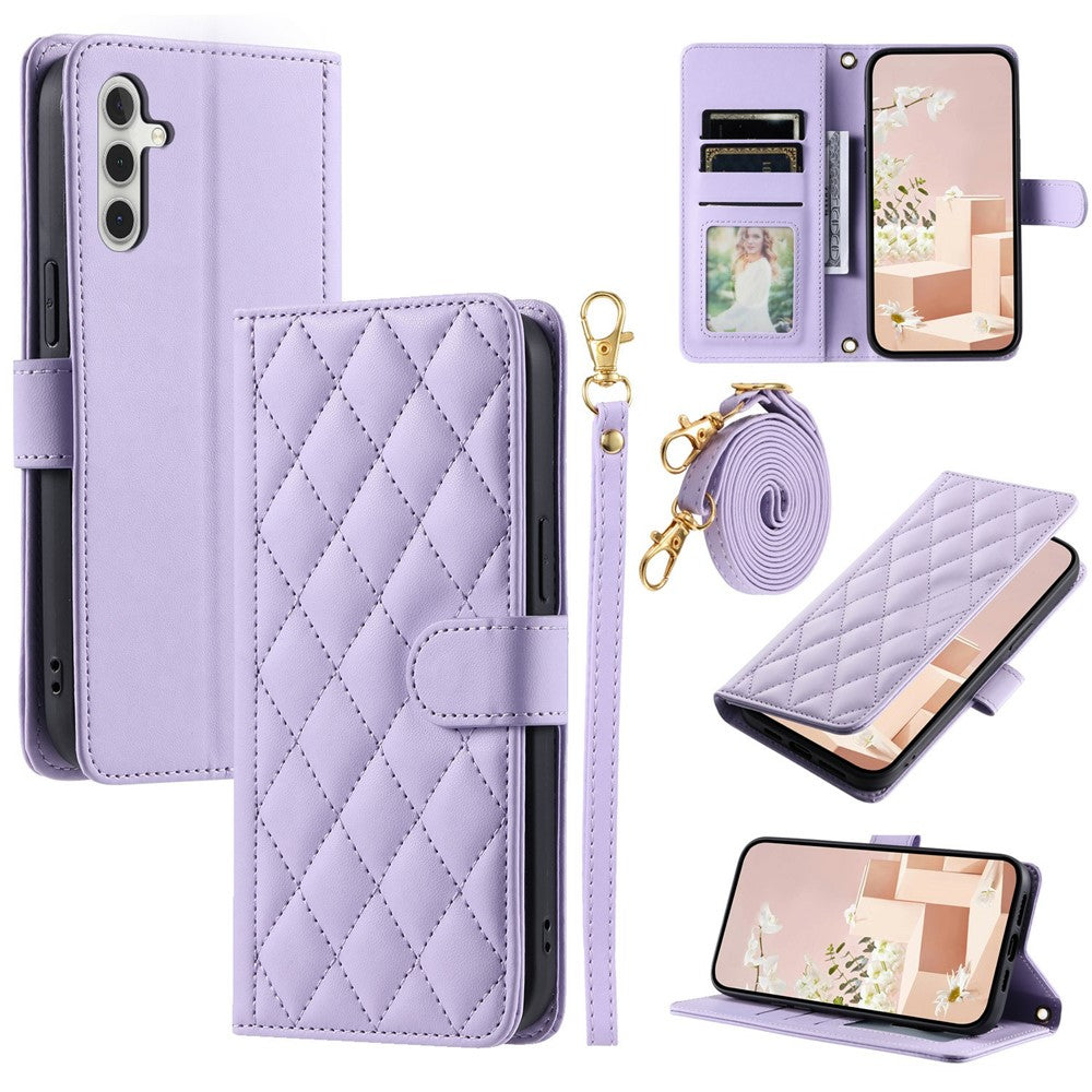 For-Samsung-Galaxy-A17-5G-/-A17-4G-/-A26-5G-/-A16-5G-/-A16-4G-Case-Wallet-Rhombus-Grid-PU-Leather-Phone-Cover-with-Shoulder-Strap-/-Wrist-Strap-Purple