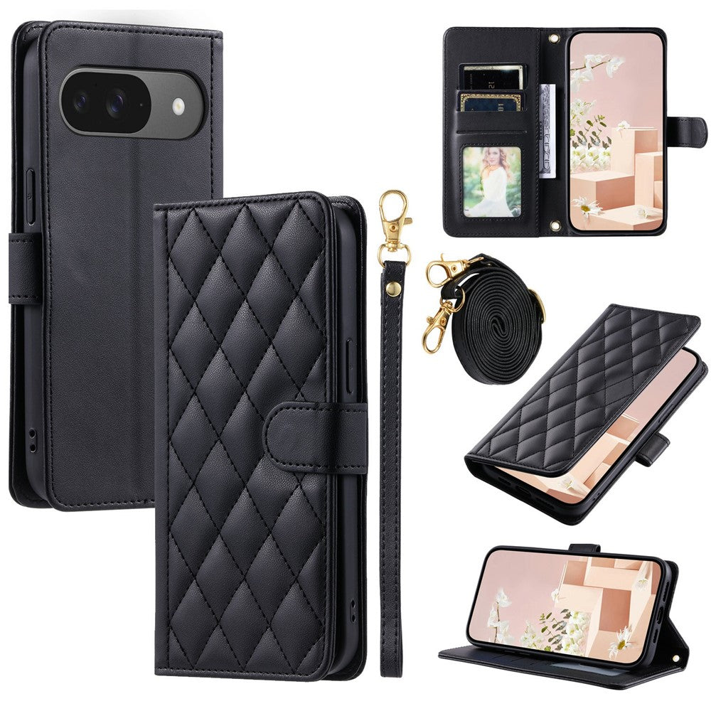 For-Google-Pixel-10-Pro-/-10-/-9-Pro-/-9-Case-Wallet-Rhombus-Grid-PU-Leather-Phone-Cover-with-Shoulder-Strap-/-Wrist-Strap-Black