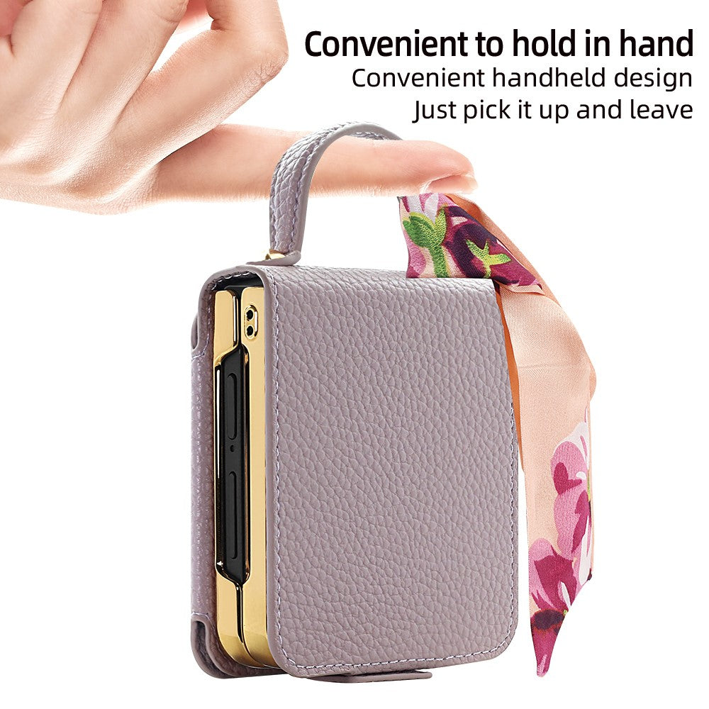 For-Samsung-Galaxy-Z-Flip7-5G-Case-PU-Leather-+-PC-Tote-Phone-Cover-with-Mirror-Purple