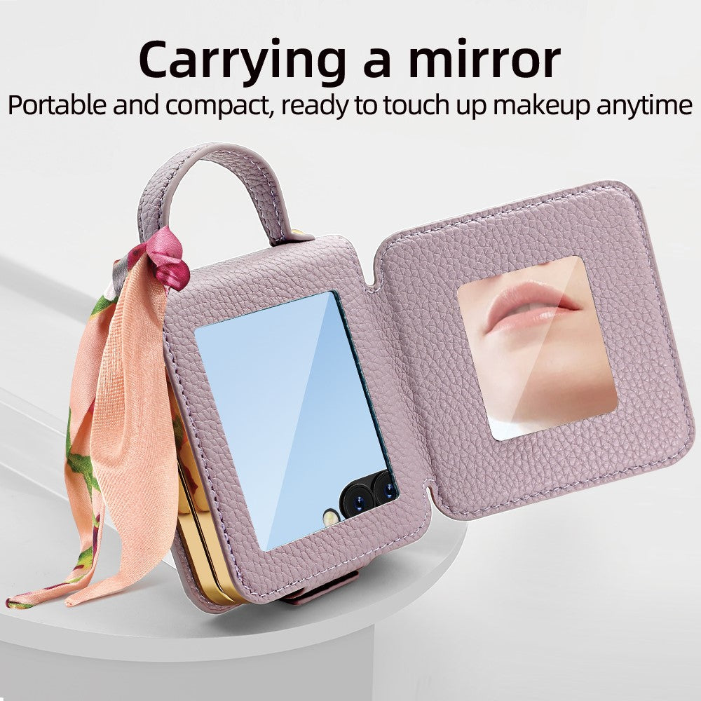 For-Samsung-Galaxy-Z-Flip7-5G-Case-PU-Leather-+-PC-Tote-Phone-Cover-with-Mirror-Purple