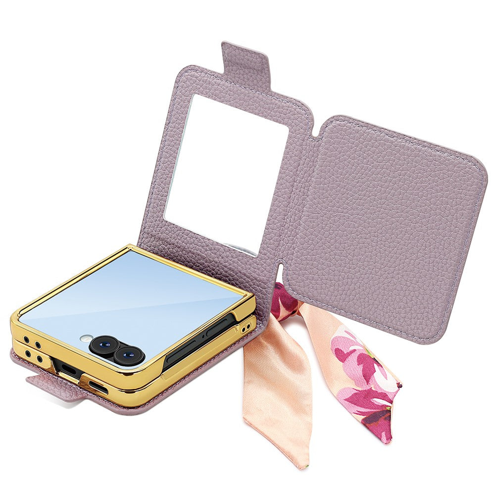 For-Samsung-Galaxy-Z-Flip7-5G-Case-PU-Leather-+-PC-Tote-Phone-Cover-with-Mirror-Purple