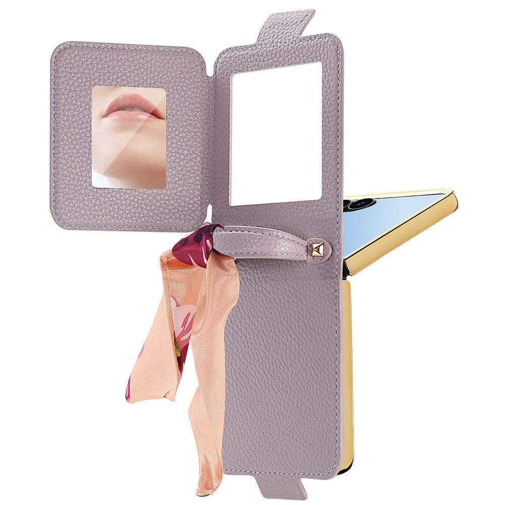 For-Samsung-Galaxy-Z-Flip7-5G-Case-PU-Leather-+-PC-Tote-Phone-Cover-with-Mirror-Purple