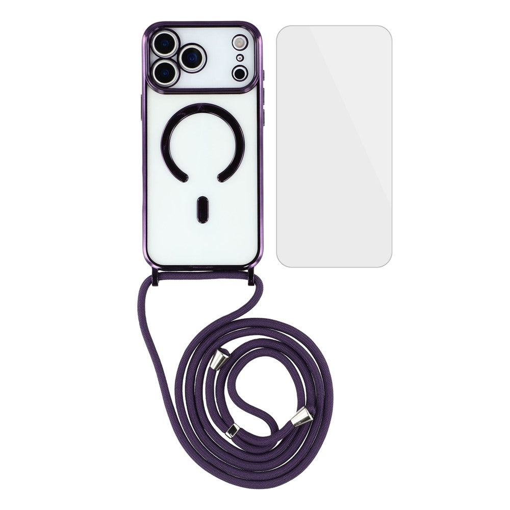 For-iPhone-17-Pro-Max-Case-Compatible-with-MagSafe-Electroplating-Edge-TPU-Phone-Cover-with-Screen-Film-/-Shoulder-Strap-Purple