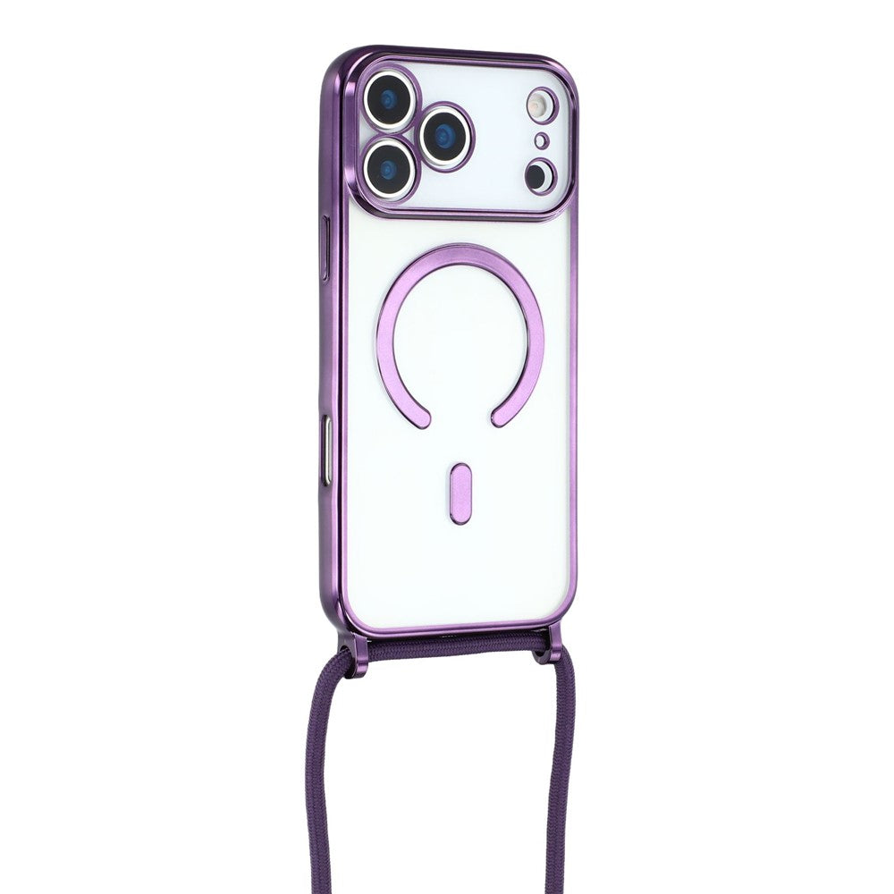 For-iPhone-17-Pro-Max-Case-Compatible-with-MagSafe-Electroplating-Edge-TPU-Phone-Cover-with-Screen-Film-/-Shoulder-Strap-Purple