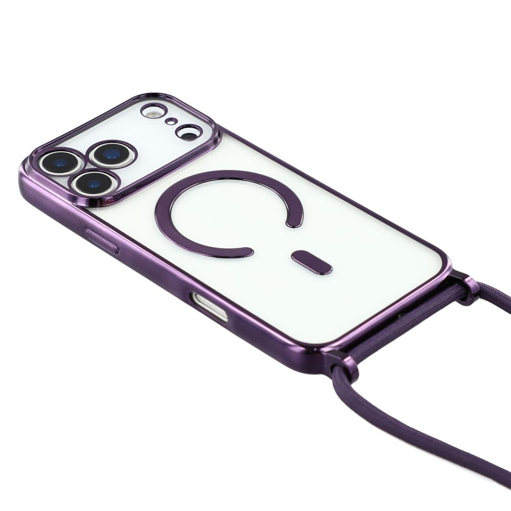 For-iPhone-17-Pro-Max-Case-Compatible-with-MagSafe-Electroplating-Edge-TPU-Phone-Cover-with-Screen-Film-/-Shoulder-Strap-Purple