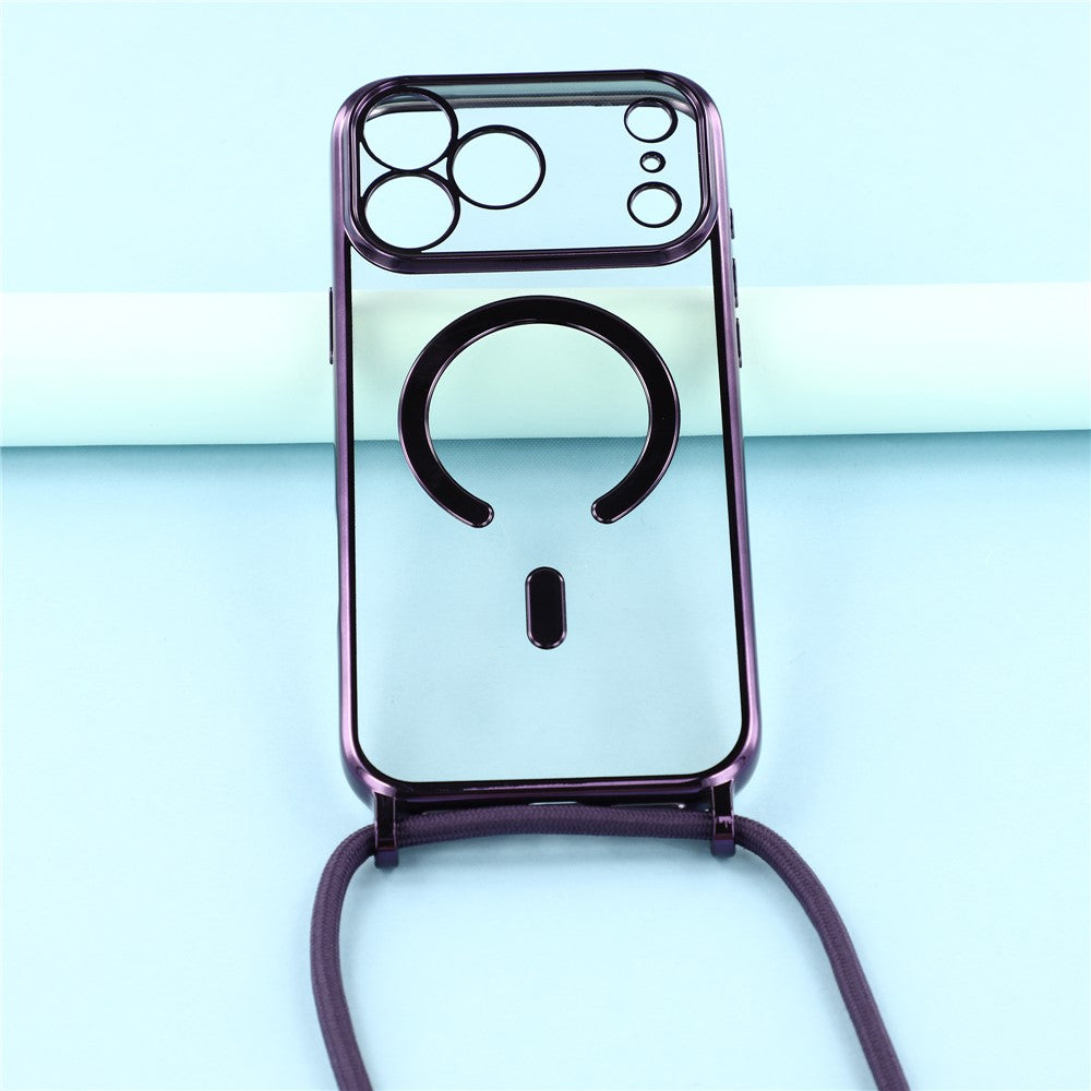 For-iPhone-17-Pro-Max-Case-Compatible-with-MagSafe-Electroplating-Edge-TPU-Phone-Cover-with-Screen-Film-/-Shoulder-Strap-Purple