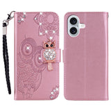 For-iPhone-17-Wallet-Case-Owl-Flower-Imprinted-Rhinestone-Leather-Cover-Rose-Gold