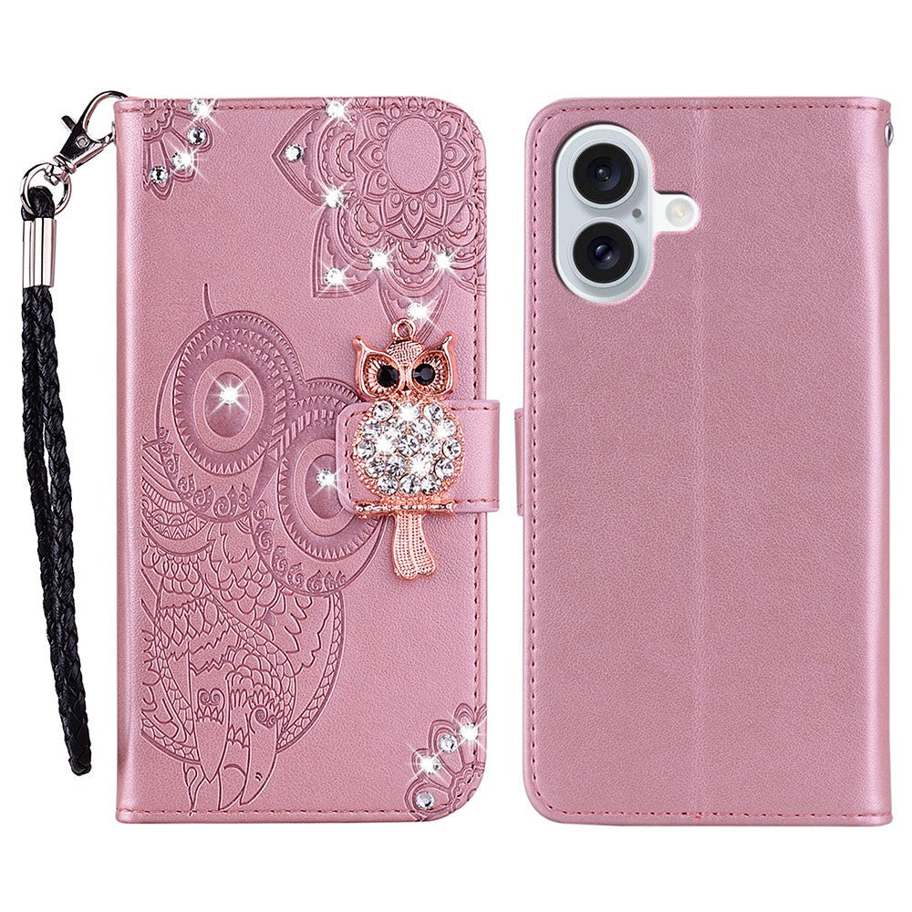For-iPhone-17-Wallet-Case-Owl-Flower-Imprinted-Rhinestone-Leather-Cover-Rose-Gold
