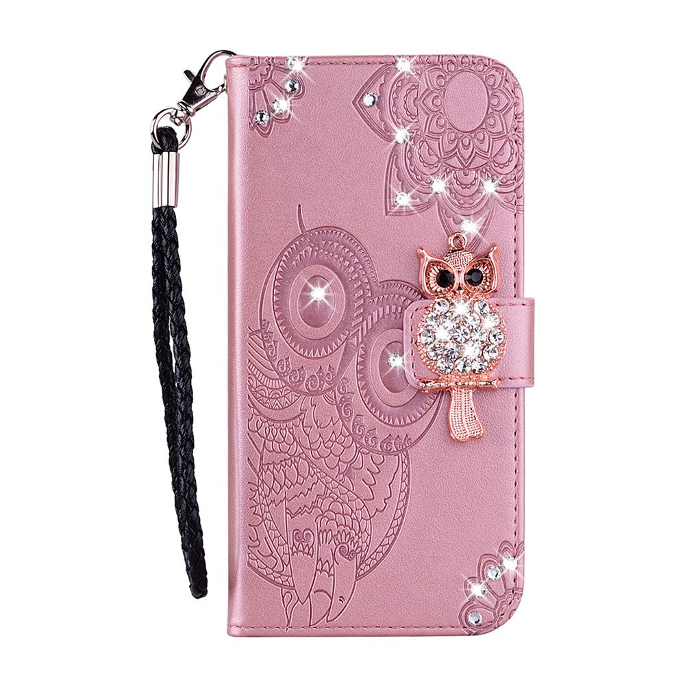 For-iPhone-17-Wallet-Case-Owl-Flower-Imprinted-Rhinestone-Leather-Cover-Rose-Gold