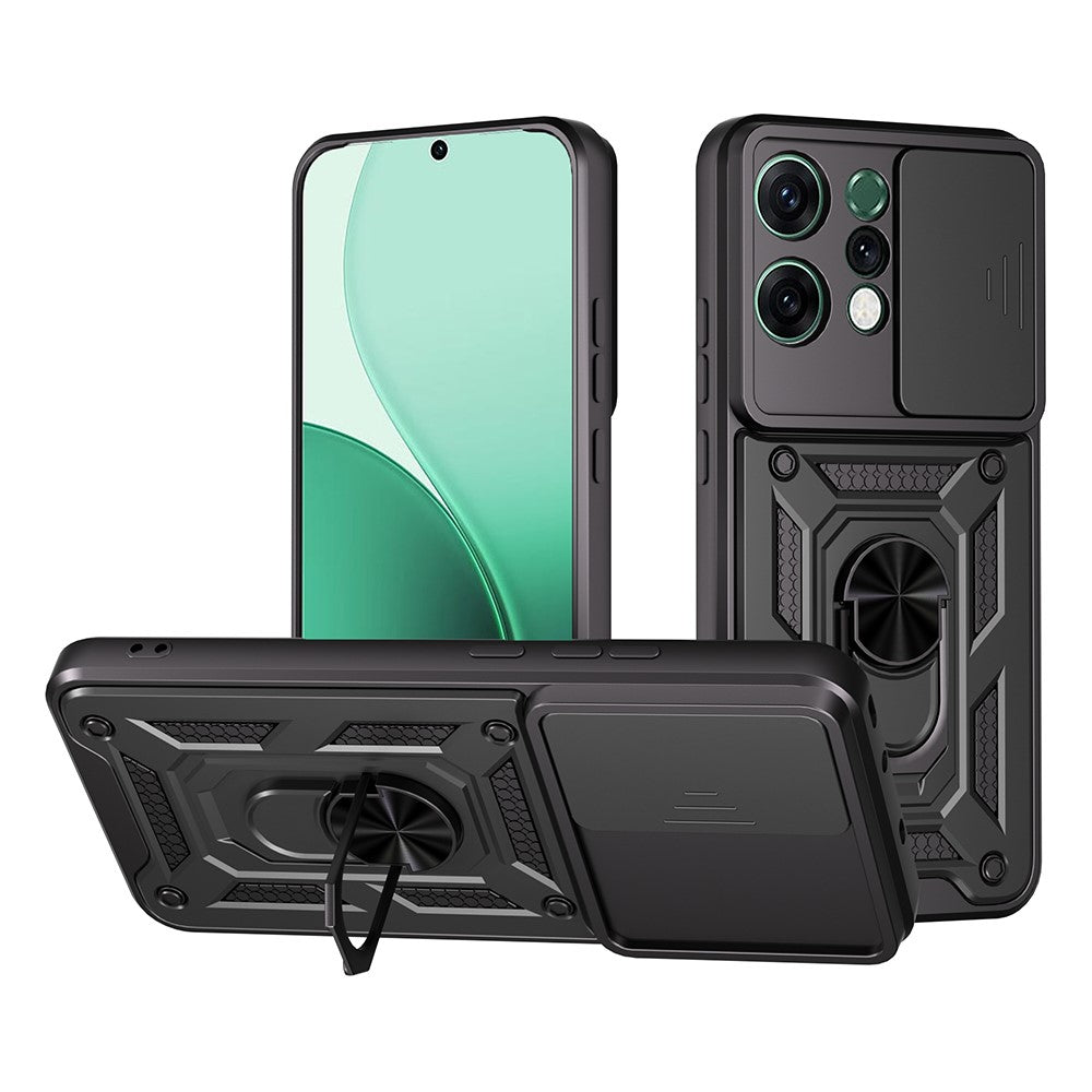 For-Oppo-Reno14-5G-(Global)-Case-with-Slide-Camera-Lid-PC-+-TPU-Kickstand-Phone-Cover-Black