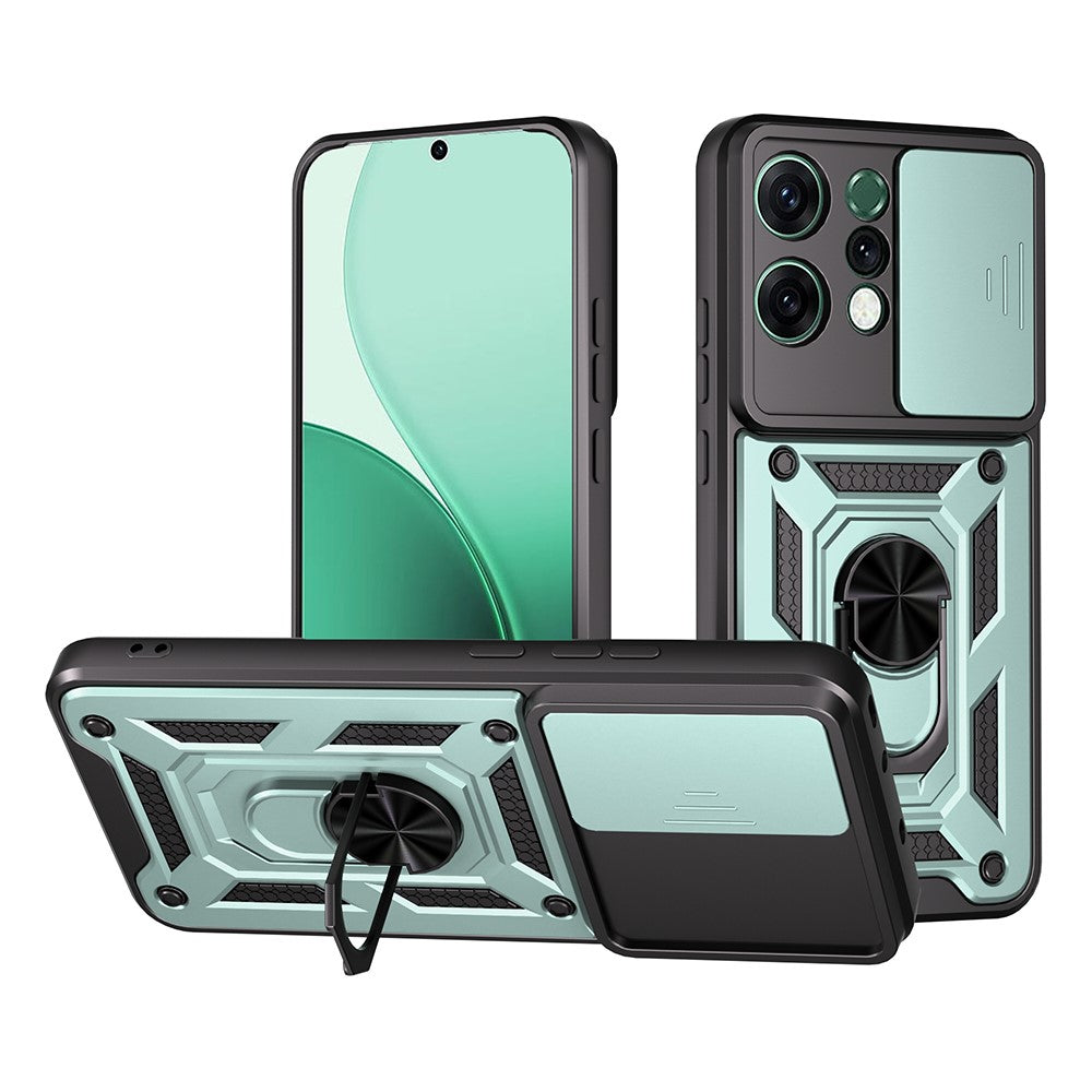 For-Oppo-Reno14-5G-(Global)-Case-with-Slide-Camera-Lid-PC-+-TPU-Kickstand-Phone-Cover-Green