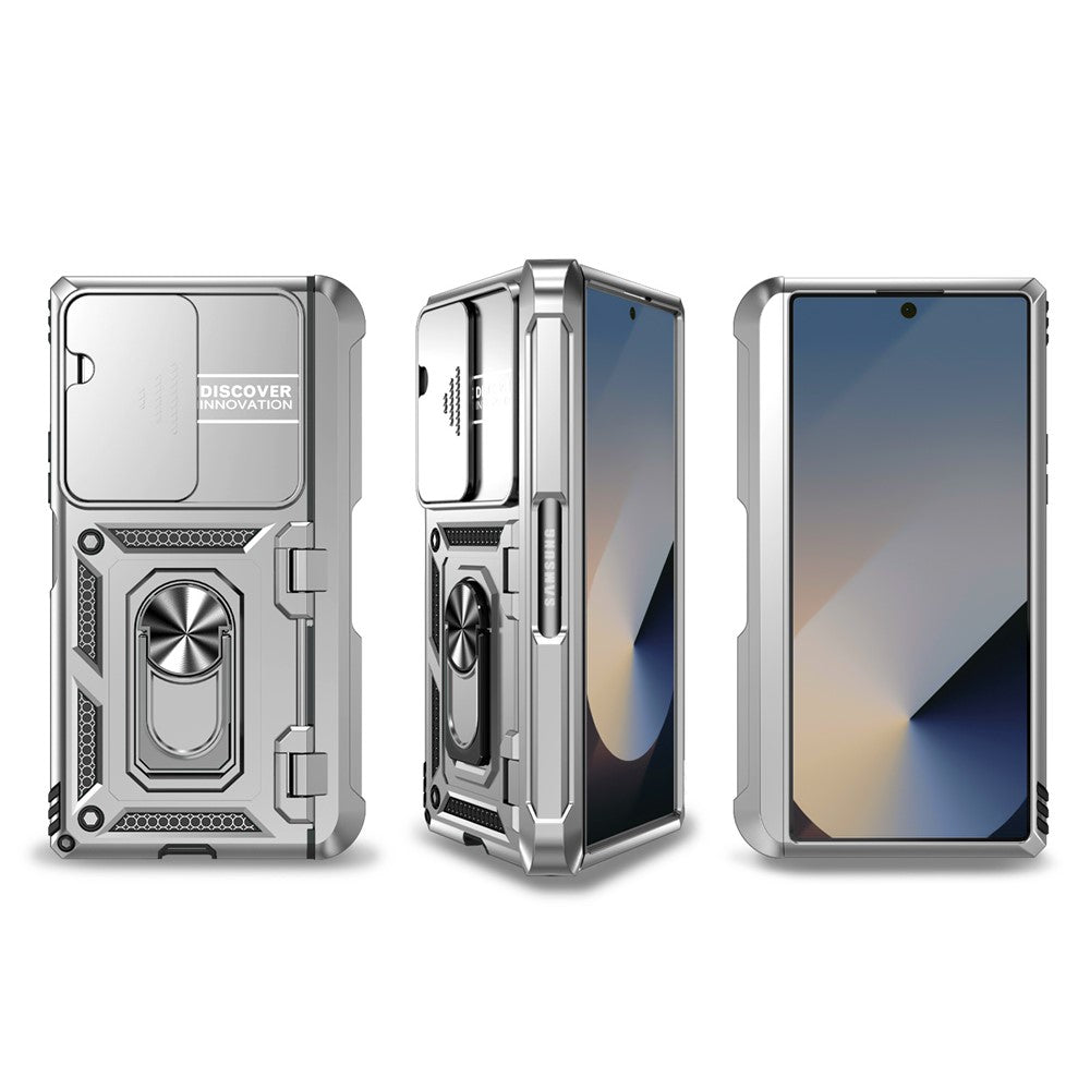 For-Samsung-Galaxy-Z-Fold7-5G-Case-with-Wrist-Strap-/-Kickstand-Hinge-Protection-PC-+-TPU-Phone-Cover-Silver