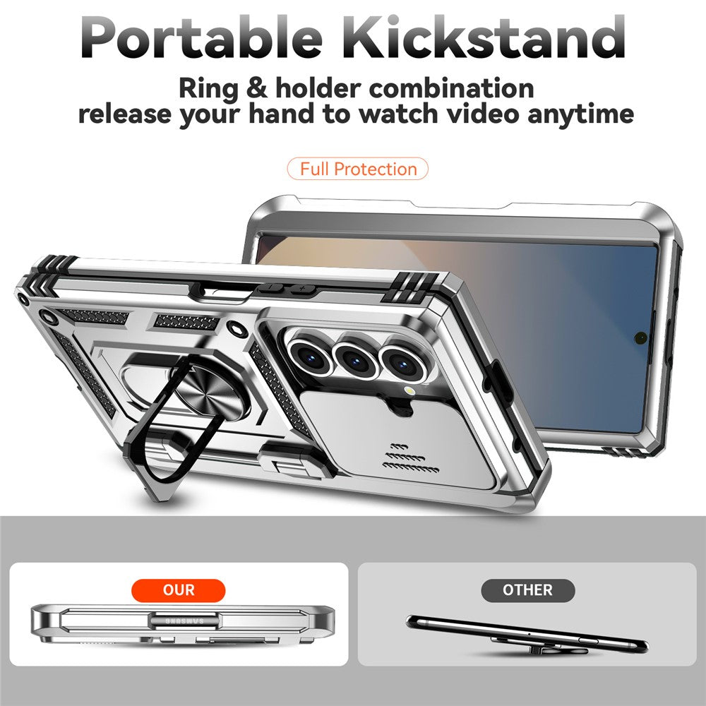 For-Samsung-Galaxy-Z-Fold7-5G-Case-with-Wrist-Strap-/-Kickstand-Hinge-Protection-PC-+-TPU-Phone-Cover-Silver