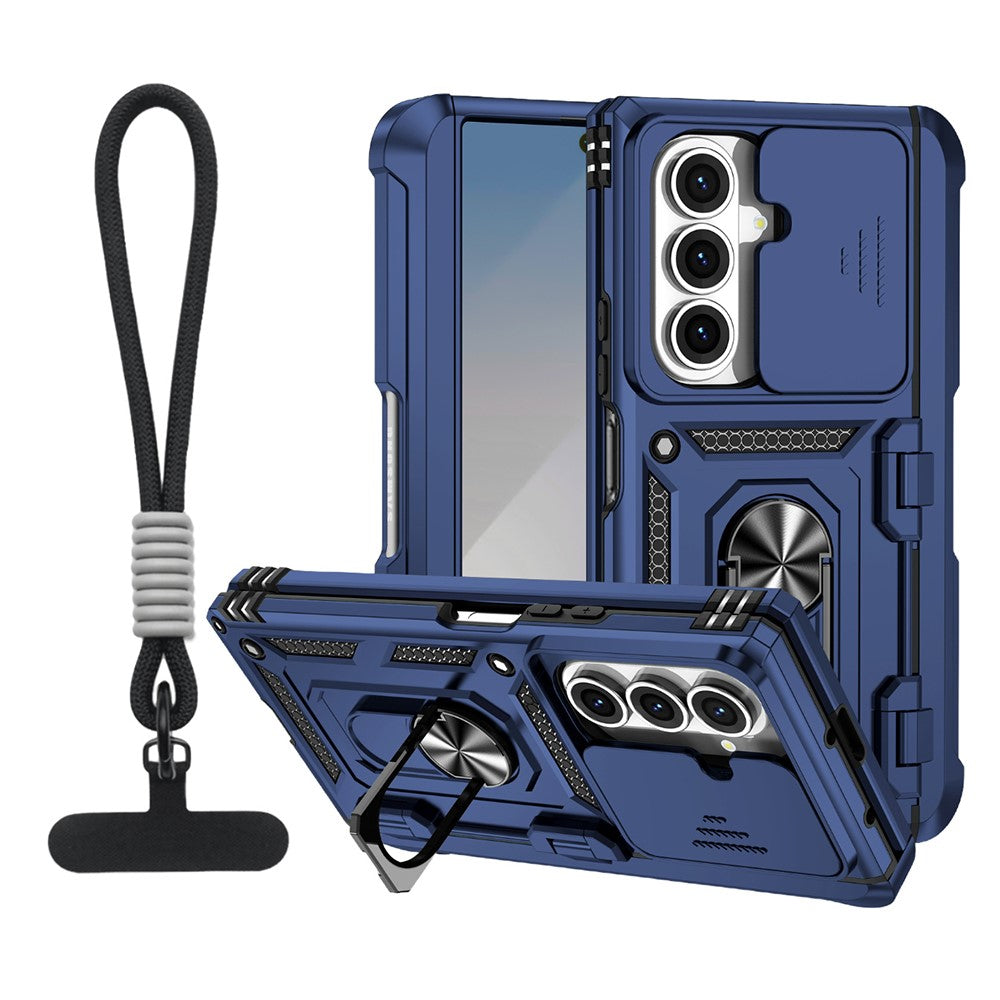 For-Samsung-Galaxy-Z-Fold7-5G-Case-with-Wrist-Strap-/-Kickstand-Hinge-Protection-PC-+-TPU-Phone-Cover-Blue