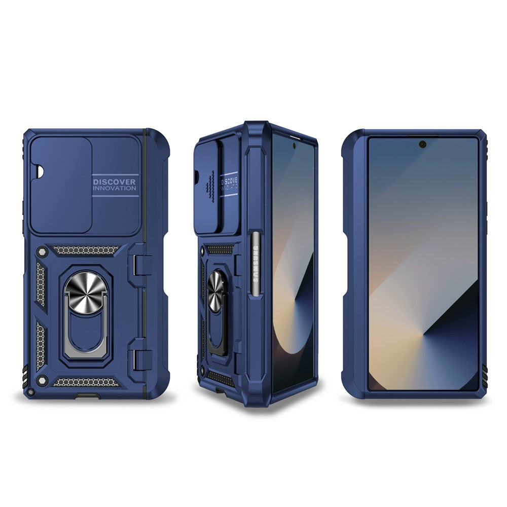 For-Samsung-Galaxy-Z-Fold7-5G-Case-with-Wrist-Strap-/-Kickstand-Hinge-Protection-PC-+-TPU-Phone-Cover-Blue