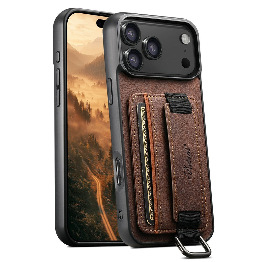 SUTENI-H13-For-iPhone-17-Pro-Case-Litchi-Texture-Leather-+-TPU-+-PC-Phone-Cover-with-Card-Holder-Kickstand-Brown