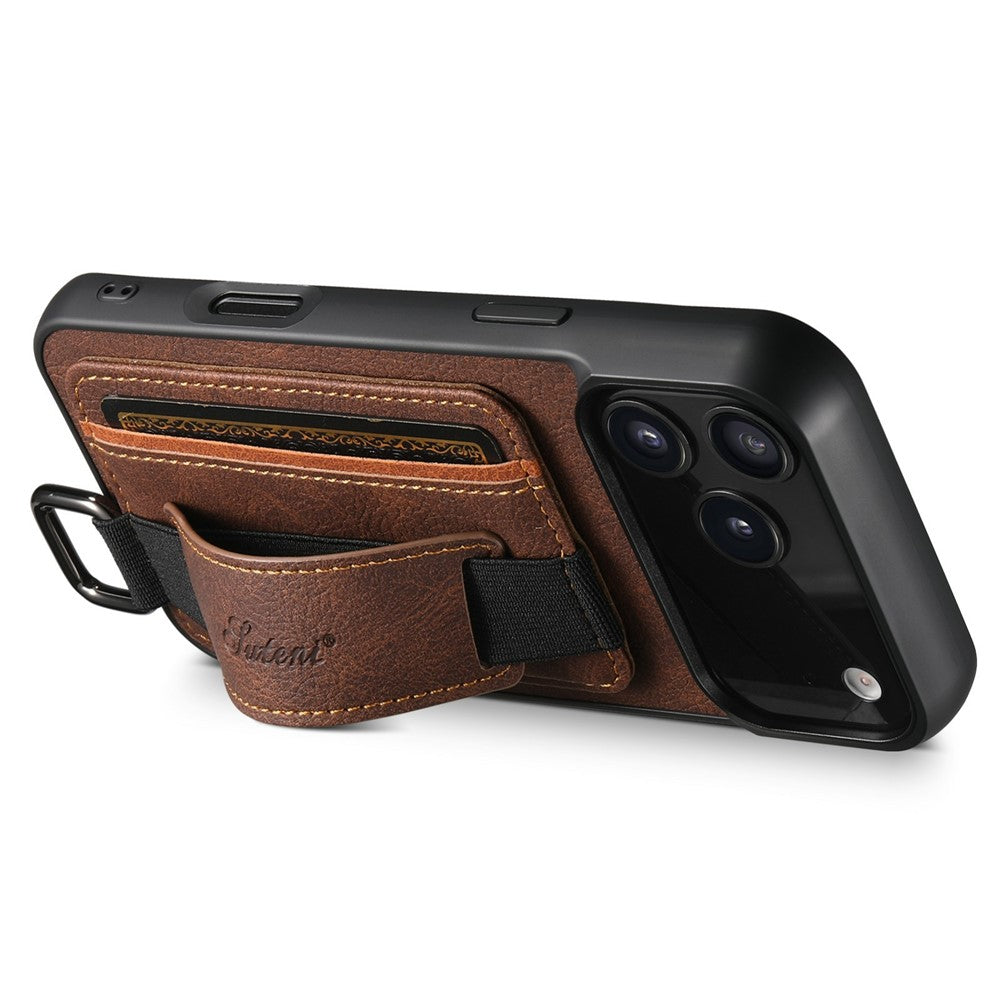 SUTENI-H13-For-iPhone-17-Pro-Case-Litchi-Texture-Leather-+-TPU-+-PC-Phone-Cover-with-Card-Holder-Kickstand-Brown