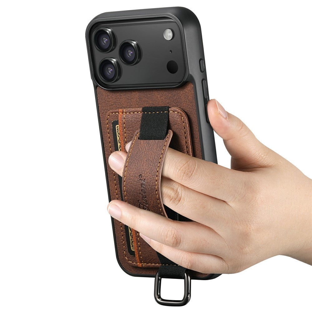 SUTENI-H13-For-iPhone-17-Pro-Case-Litchi-Texture-Leather-+-TPU-+-PC-Phone-Cover-with-Card-Holder-Kickstand-Brown