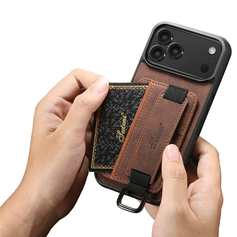 SUTENI-H13-For-iPhone-17-Pro-Case-Litchi-Texture-Leather-+-TPU-+-PC-Phone-Cover-with-Card-Holder-Kickstand-Brown