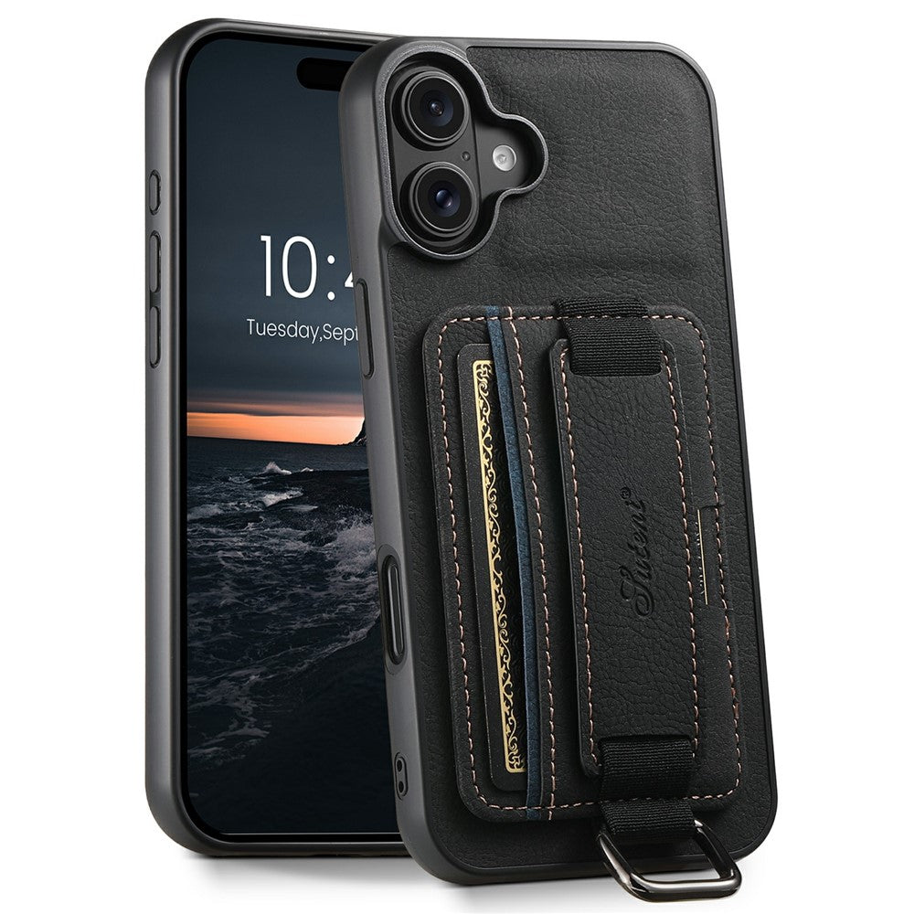 SUTENI-H13-For-iPhone-17-Case-Litchi-Texture-Leather-+-TPU-+-PC-Phone-Cover-with-Card-Holder-Kickstand-Black