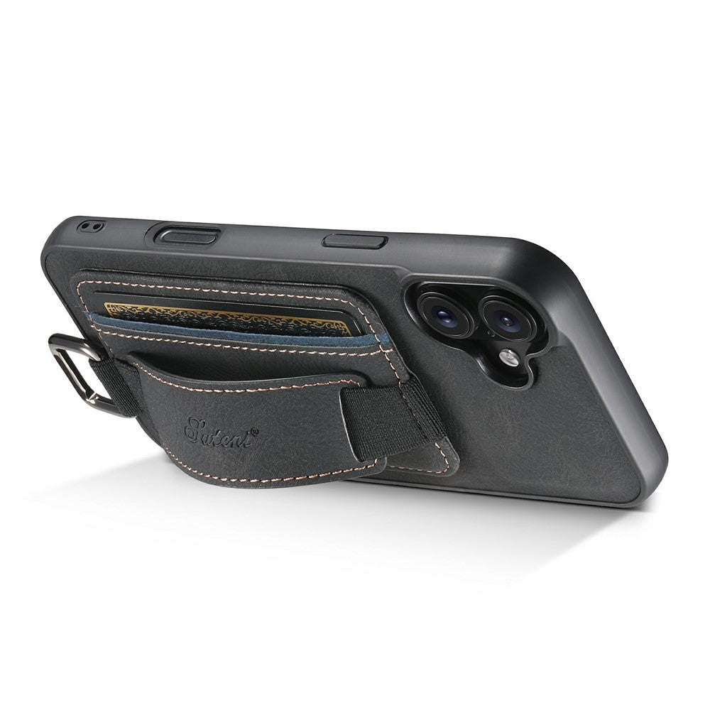 SUTENI-H13-For-iPhone-17-Case-Litchi-Texture-Leather-+-TPU-+-PC-Phone-Cover-with-Card-Holder-Kickstand-Black