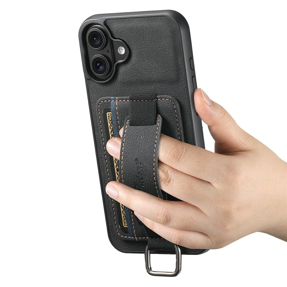 SUTENI-H13-For-iPhone-17-Case-Litchi-Texture-Leather-+-TPU-+-PC-Phone-Cover-with-Card-Holder-Kickstand-Black