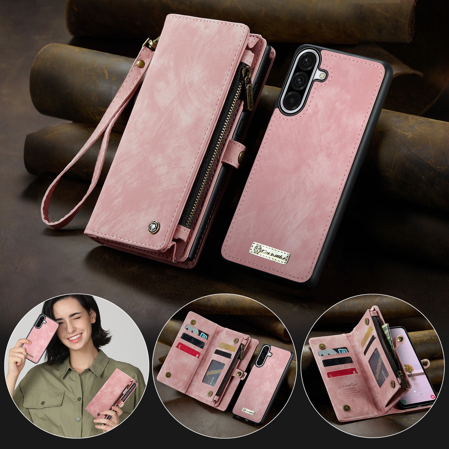 For-Samsung-Galaxy-A17-5G-/-A17-4G-Phone-Cases-CASEME-008-Leather-Cover-with-Detachable-Wallet-and-Strap-Pink