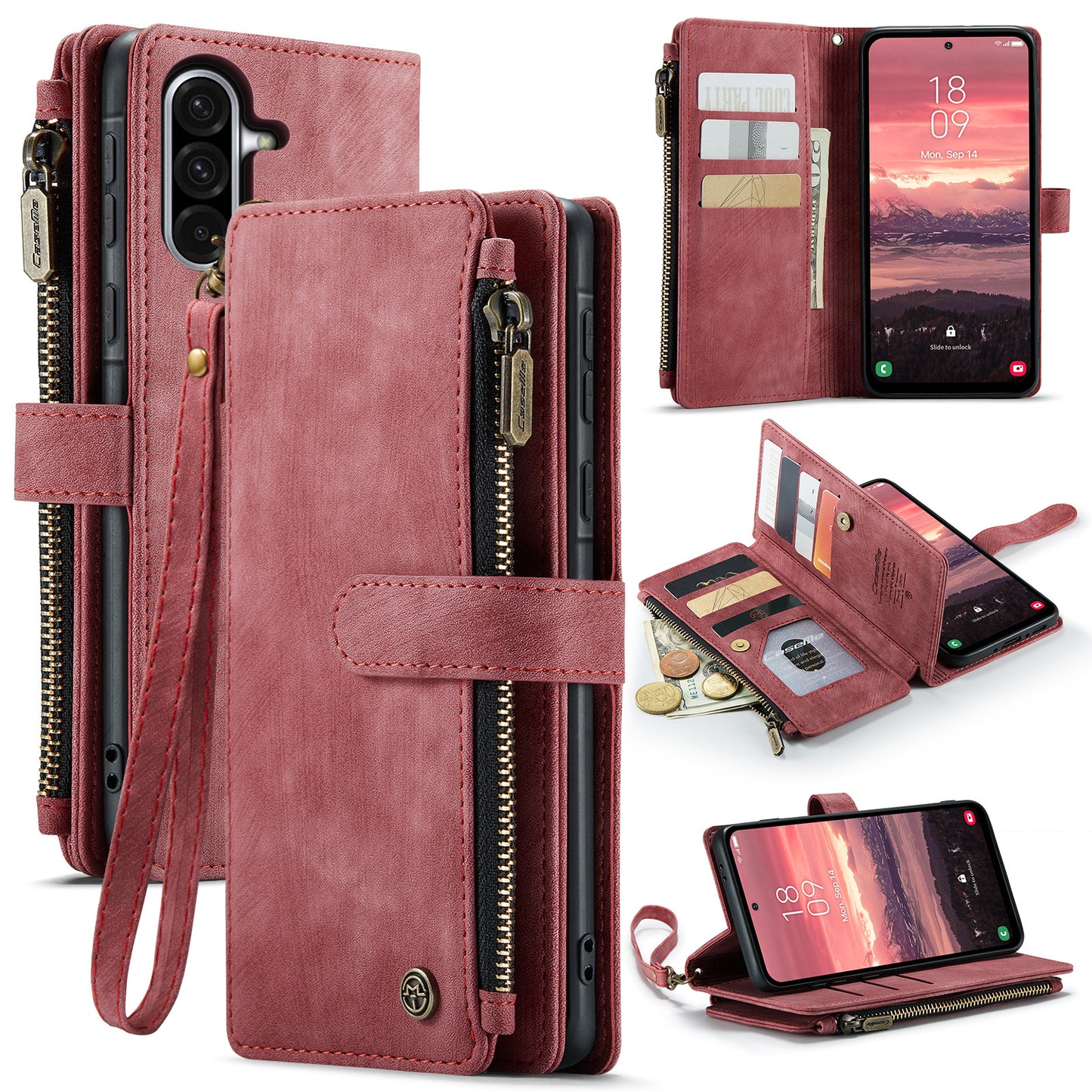 For-Samsung-Galaxy-A17-5G-/-A17-4G-Phone-Cases-with-Strap-CASEME-C30-Zipper-Multiple-Card-Holder-PU-Leather-Cover-Red