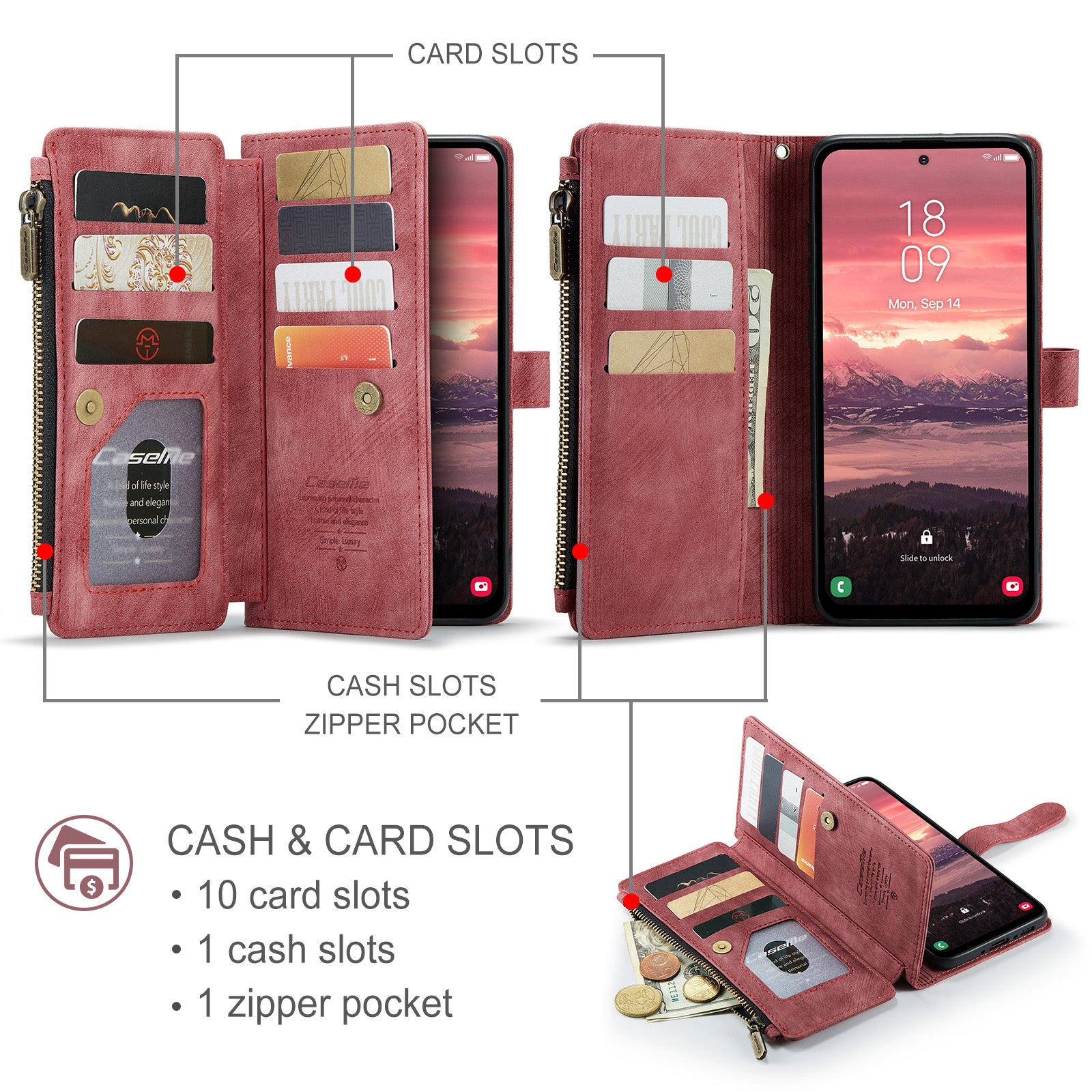 For-Samsung-Galaxy-A17-5G-/-A17-4G-Phone-Cases-with-Strap-CASEME-C30-Zipper-Multiple-Card-Holder-PU-Leather-Cover-Red